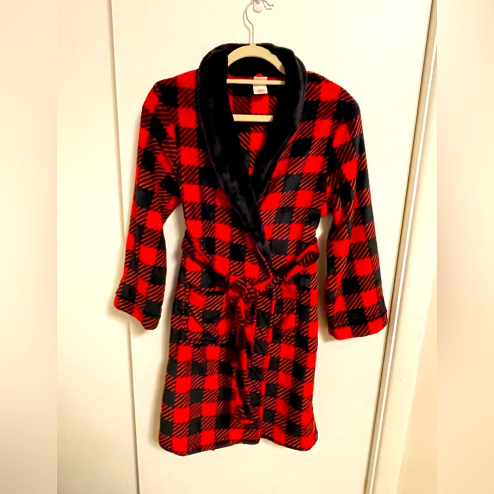 Kids Bathrobe Plush Red/Black Plaid Pajama Size Large 12/14